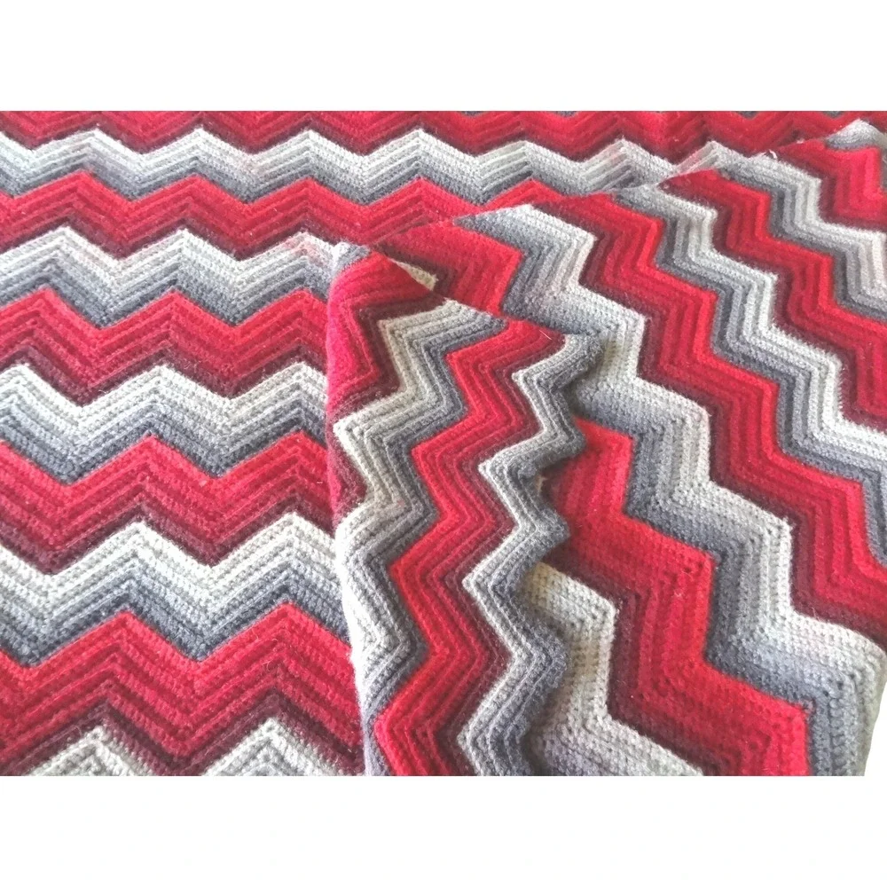Handmade Crochet Afghan Blanket Red Grey White Chevron Ripple Scalloped Edge